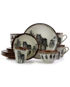 Elama Majestic Wolf 16 Piece Luxurious Stoneware Dinnerware with Complete Setting for 4
