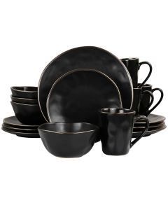 Elama Modern 16 Piece Stoneware Dinnerware Set in Matte Black with Gold Rim